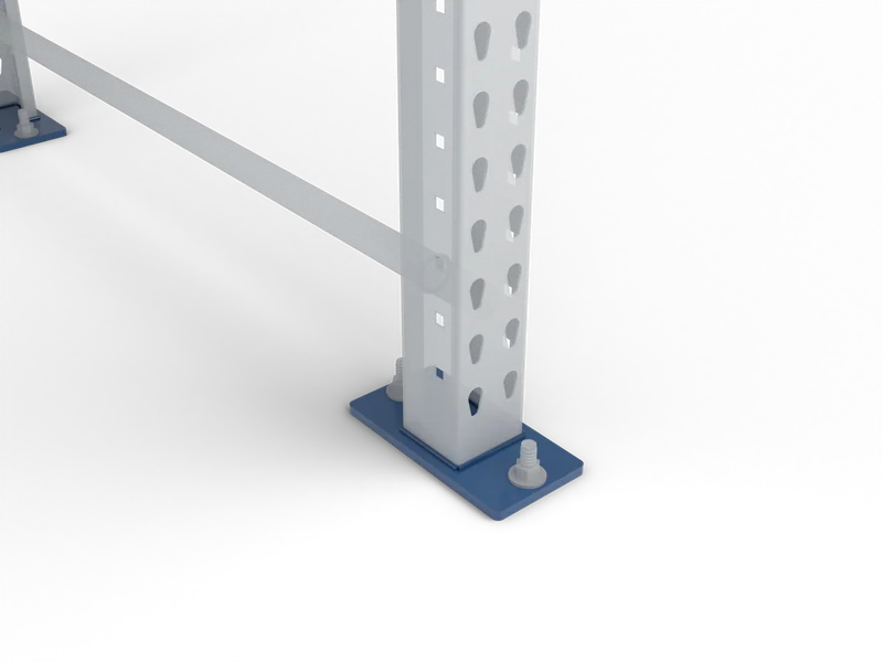 Pallet Rack Anchors & Footplates: Footplates. Size and hole count vary by frame. Heavy and seismic frames get bigger plates.