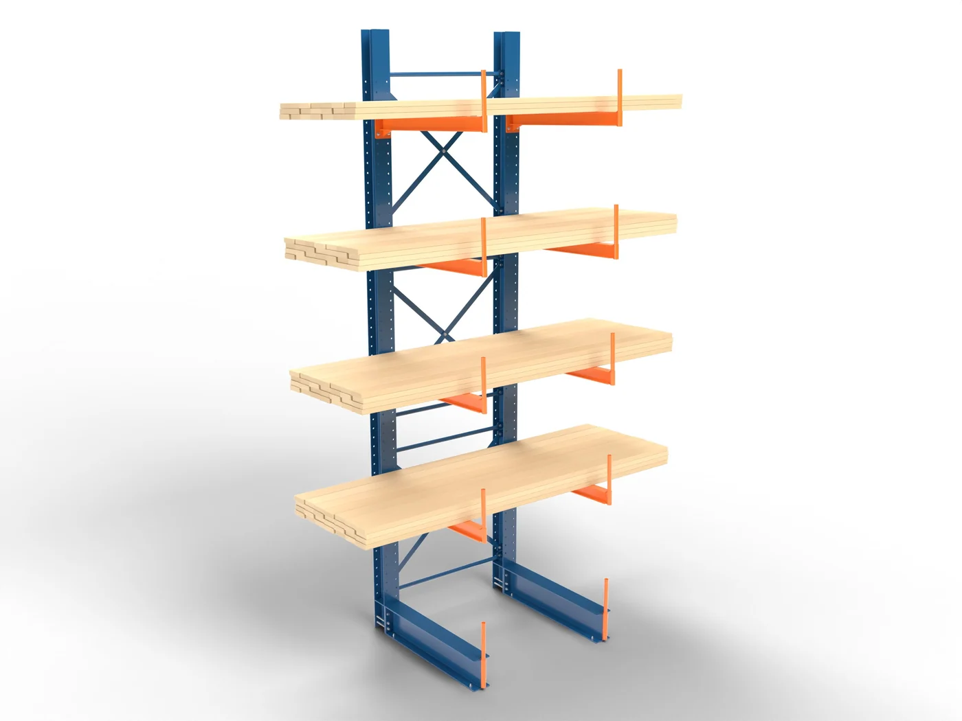 A double-sided cantilever rack loaded with lumber.