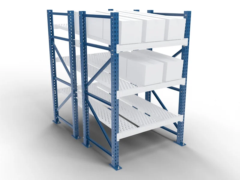 Carton Flow Racking: Upright frames. Standard teardrop frames.