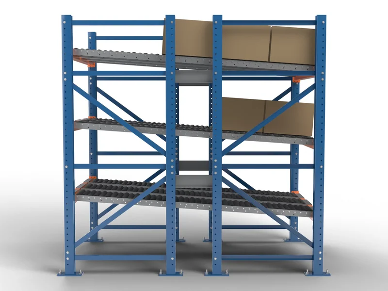 Carton Flow Racking: Side view. Load end down to pick face.