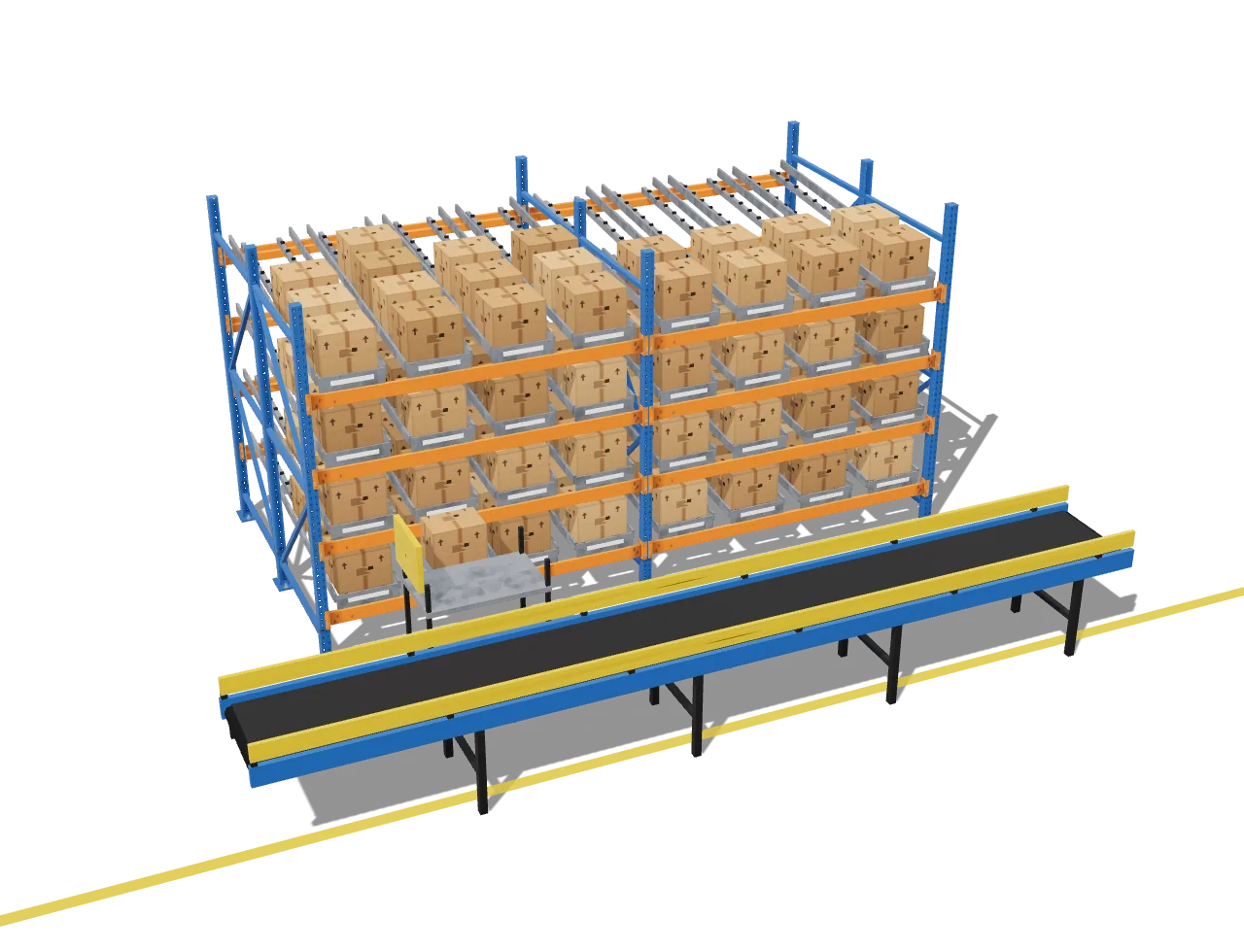 Carton flow lanes at a pick face: cartons roll forward to the picker
