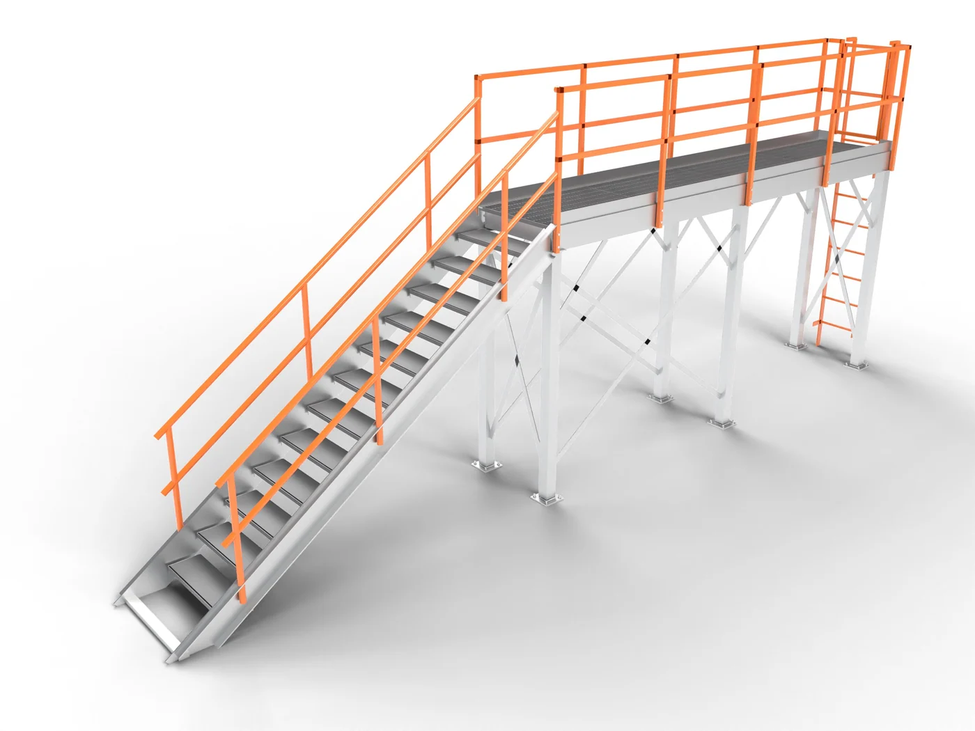 A shelving catwalk with stair and ladder.