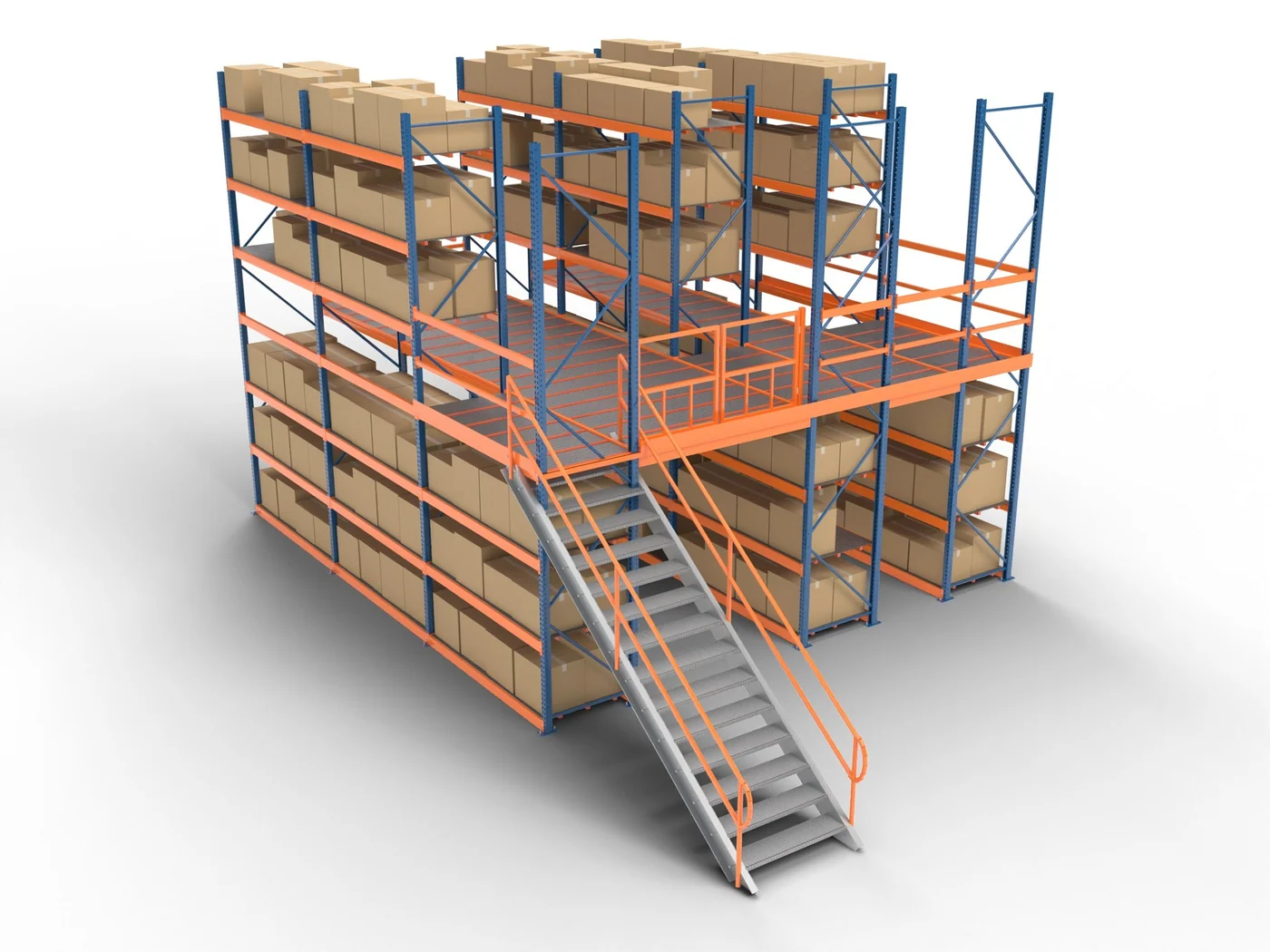 A catwalk between two pallet rack rows, with a stair.
