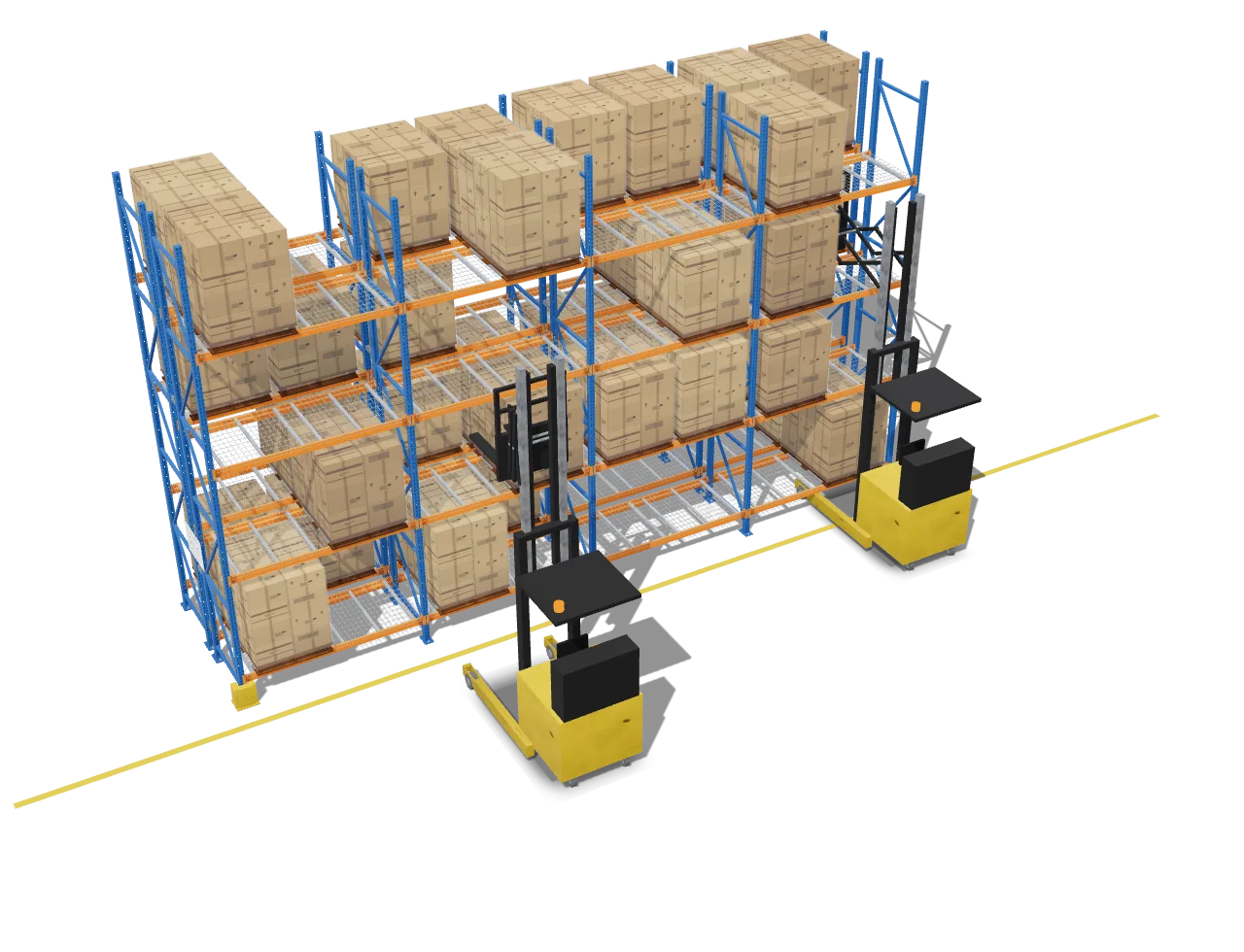 Rows of pallet racking two pallets deep