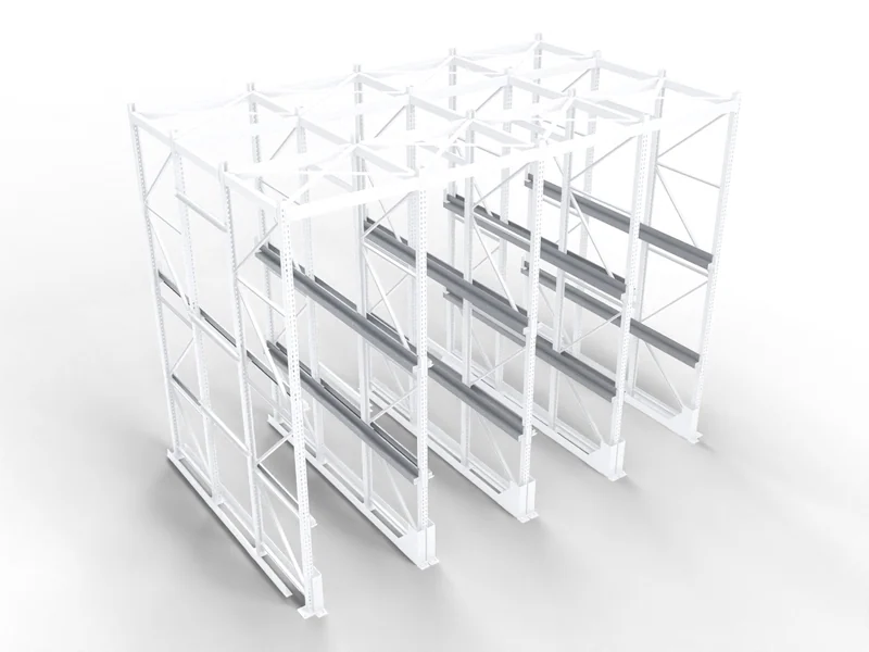 Drive-Through Racking: Pallet rails. Galvanized rails carry the pallet on its edges.