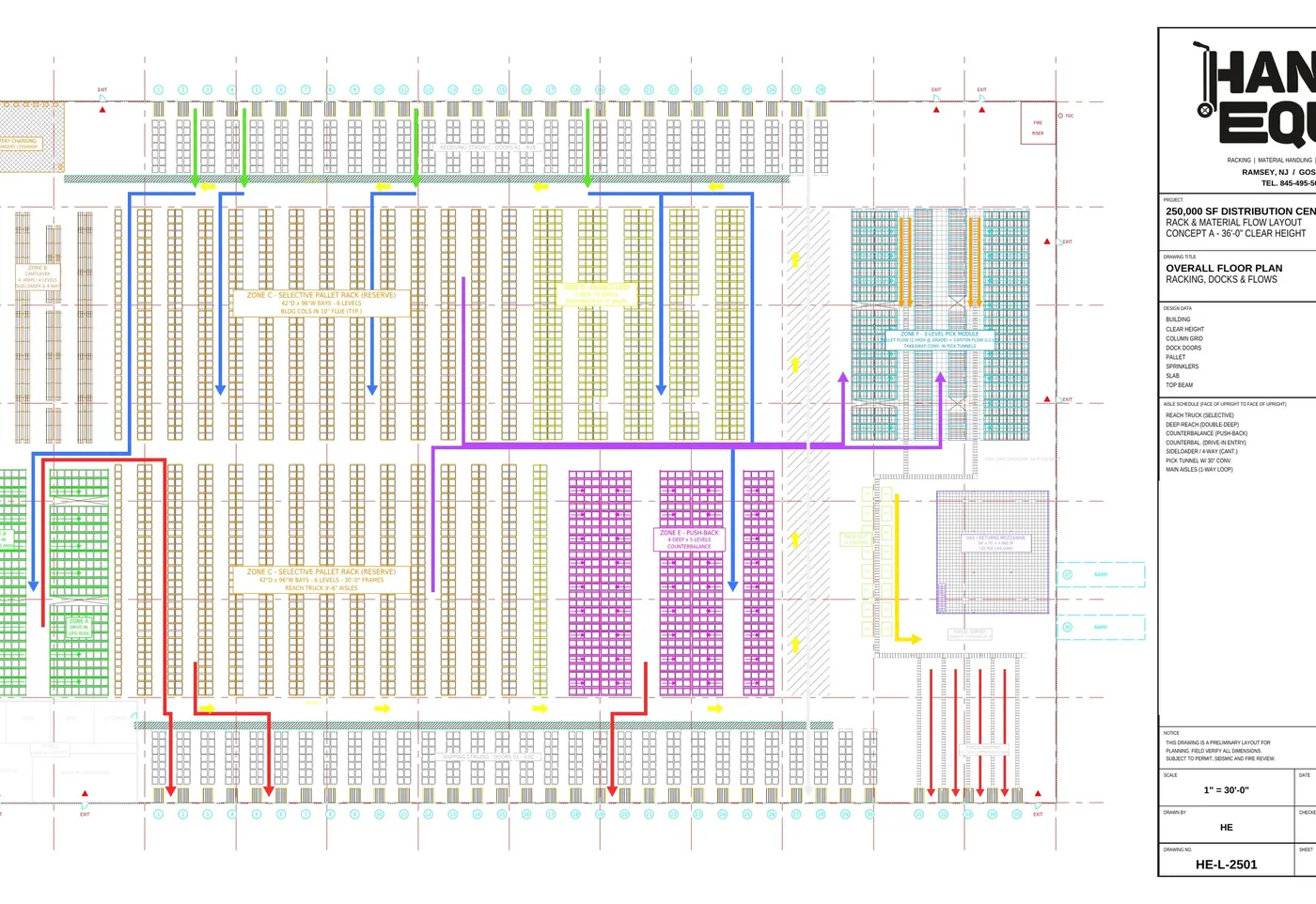 A Handy Equip racking layout for a 250,000 sq ft distribution center