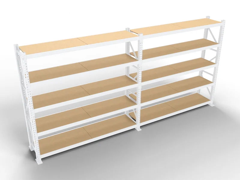 Long-Span Shelving: Particle board decks. Sit in the beam step.