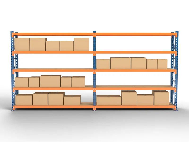 Long-Span Shelving: Front view. A two-bay run with cartons.