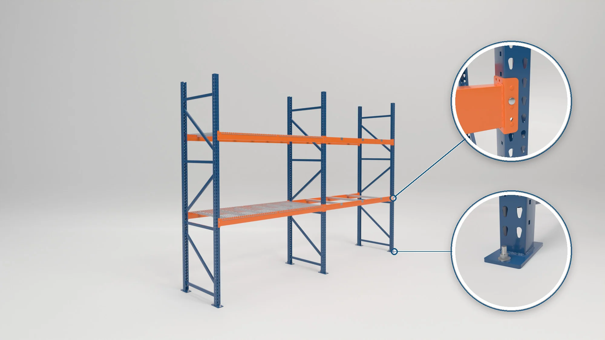 A pallet rack with uprights, beams and a wire deck, with close-ups of the beam connector and the footplate