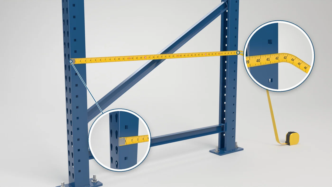 Upright Depth: Hook the tape on the outside of the front column. Read it at the outside of the rear column.