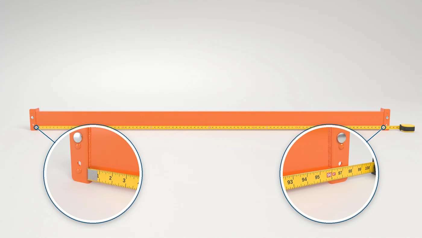 Beam Length: Measure inside the connector plates, from one column face to the other. This is the clear bay width.