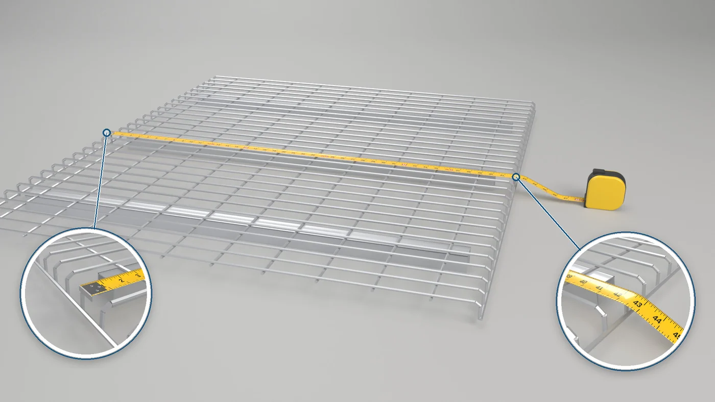 Wire Deck Depth: Measure the deck from front to back. The order size is nominal, usually the frame depth; a tape over the waterfalls can read different.