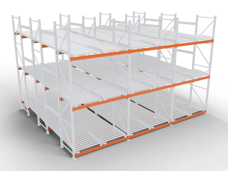 Pallet Flow Racking: Load beams. Stepped heights set the slope.