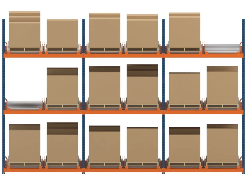 Pallet Flow Racking: Front view (pick face). One pallet per lane.