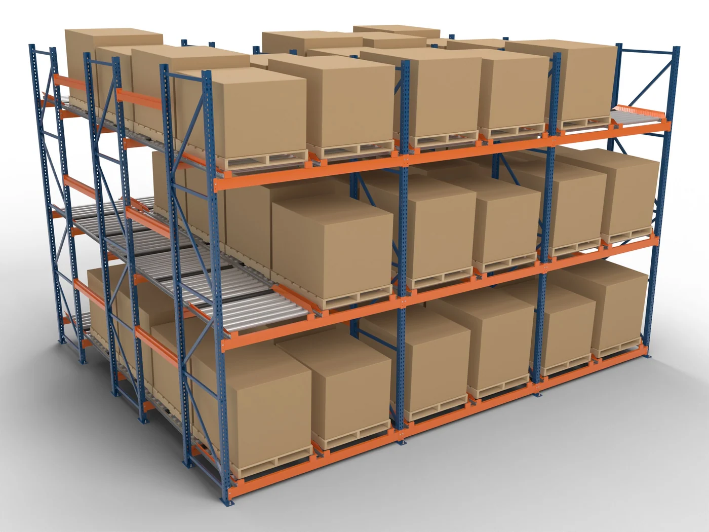 A loaded pallet flow system.