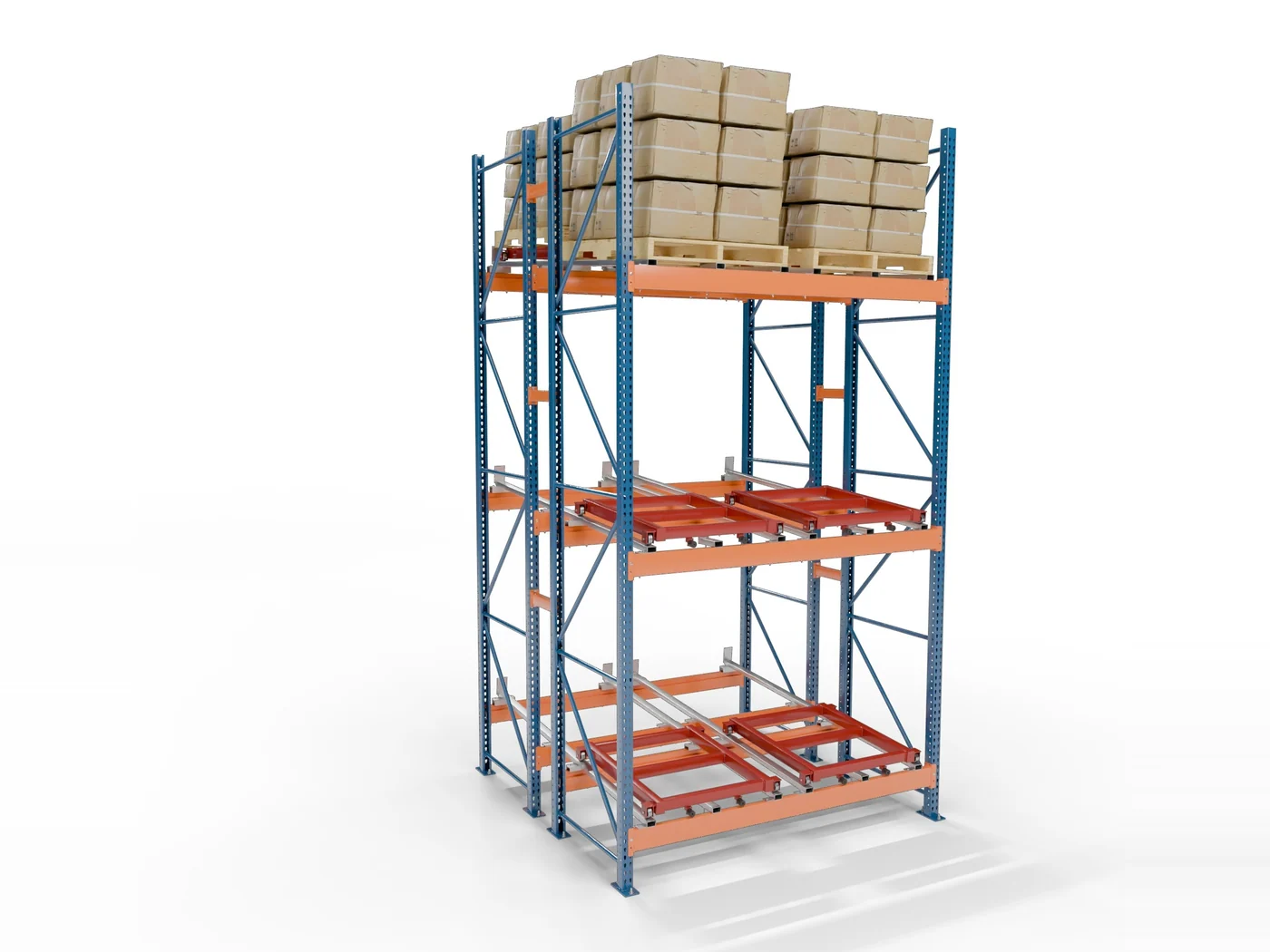 2-deep push-back racking. Back pallet on the cart, front pallet on the rails.