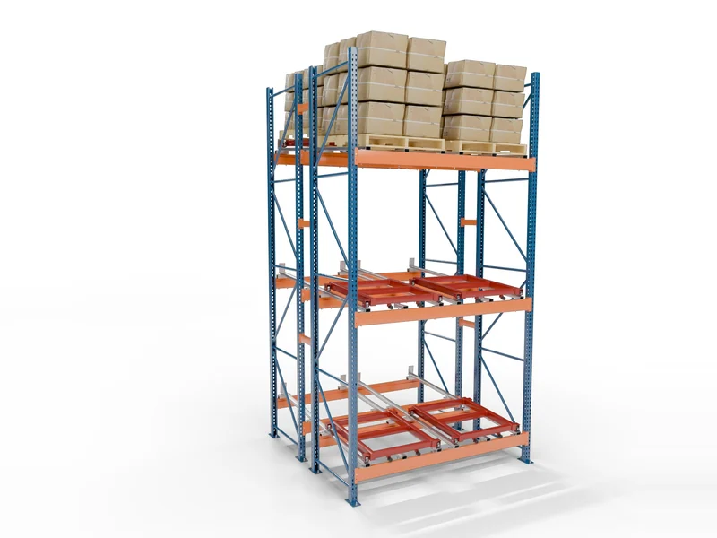 Push-Back Racking: 2 Deep. One cart. The simplest step up from selective.