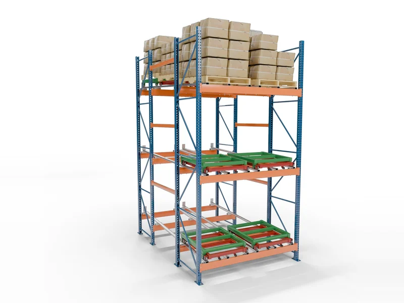 Push-Back Racking: 3 Deep. Two nested carts. What most warehouses use.