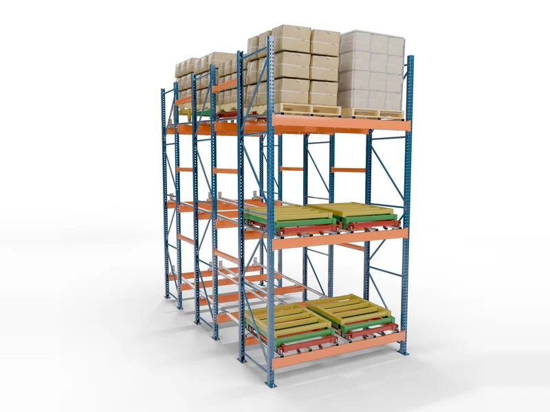 Push-Back Racking: 4 Deep. Three nested carts, 17 ft lanes. Drive-in density.