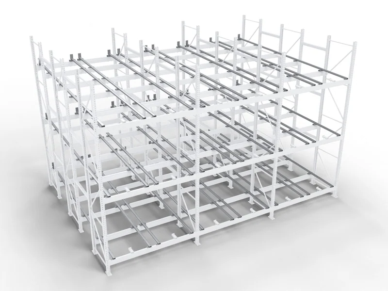 Push-Back Racking: Inclined rails. Rise toward the back so carts roll forward.