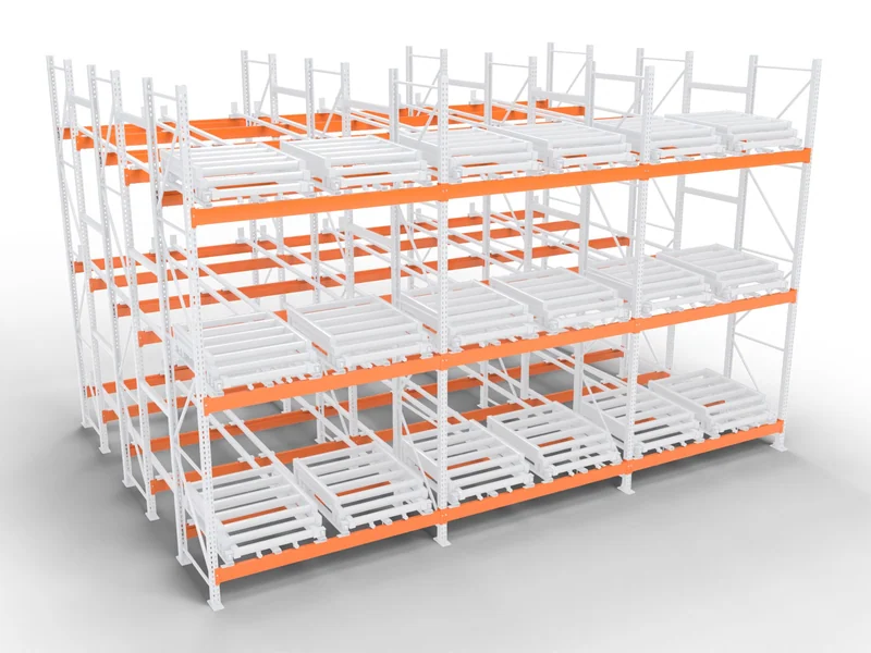 Push-Back Racking: Load beams. Carry the rail ends.