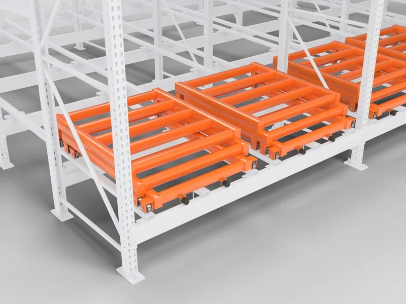 Push-Back Racking: Nested carts. Roll back as each pallet is pushed in.