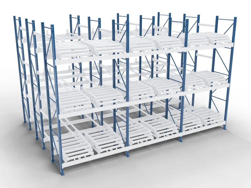 Push-Back Racking: Upright frames. Front and rear on every lane.