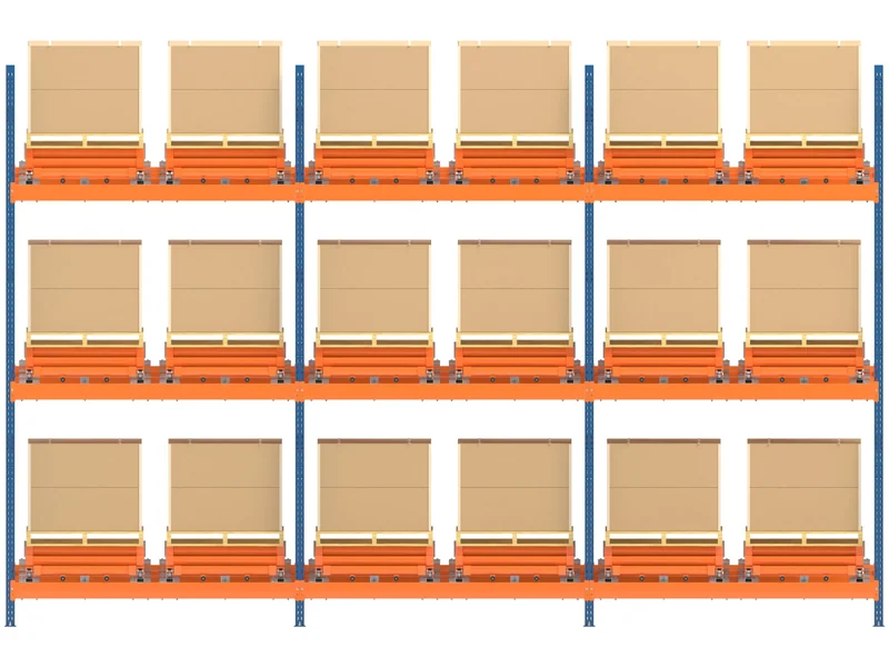 Push-Back Racking: Front view. One pallet showing per lane.