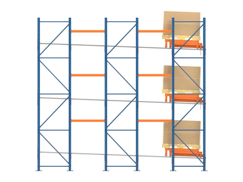 Push-Back Racking: Side view (the rail slope). Rails rise toward the back.