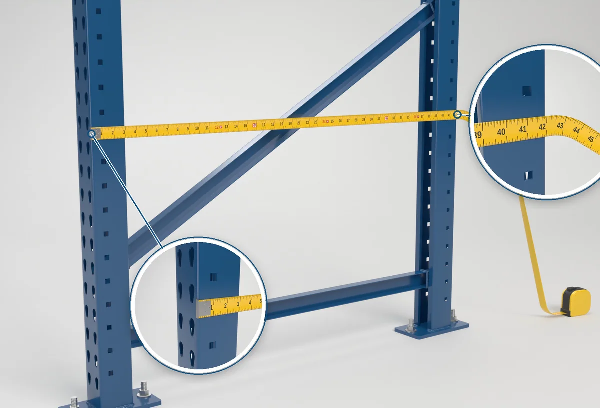 Measuring upright depth with a tape, outside of front column to outside of rear column