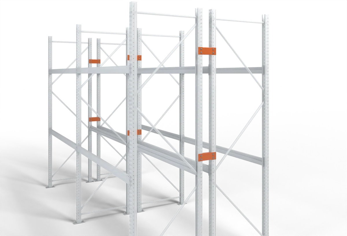 Row spacers tying two back-to-back rows of pallet rack together