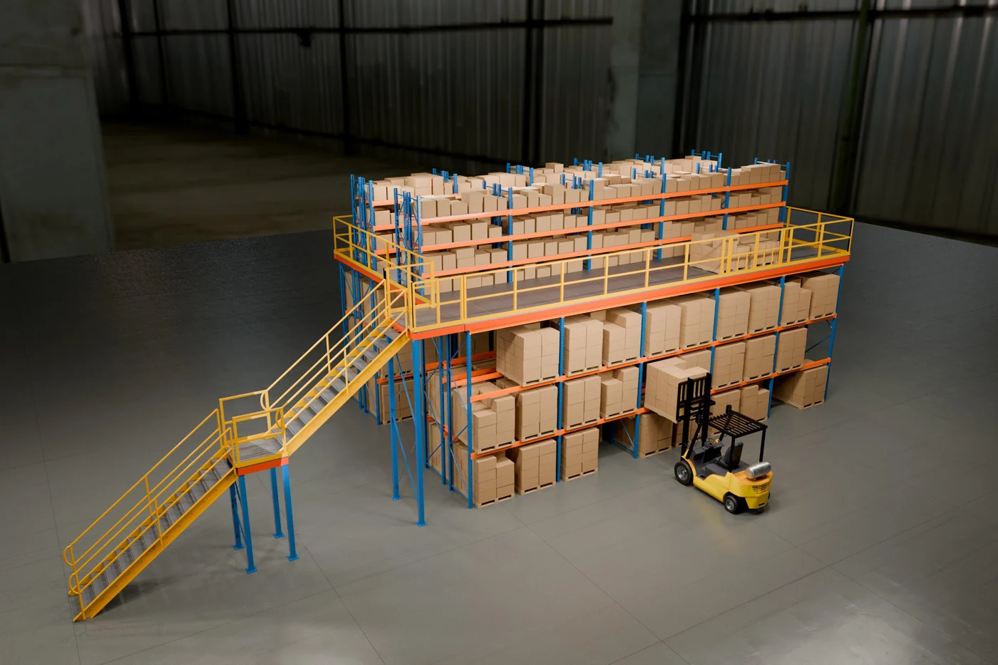 A full deck on two back-to-back rack rows, forklift working below.