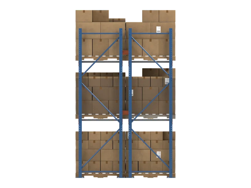 Selective Racking: Side view. Frame depth, bracing and pallet overhang.