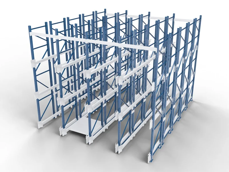 Shuttle Racking: Upright frames. Teardrop frames with row spacers.