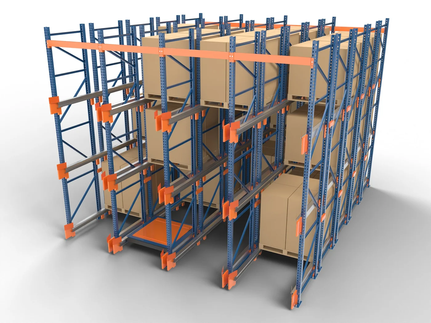 Shuttle racking with a pallet shuttle at a lane mouth.