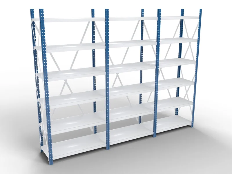 Steel Shelving: Posts. Angle posts punched for the shelf clips.