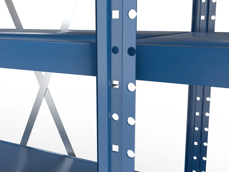Steel Shelving: Shelf corner on the post. Held by clips.
