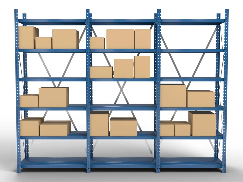 Steel Shelving: Front view. A three-unit run with cartons.