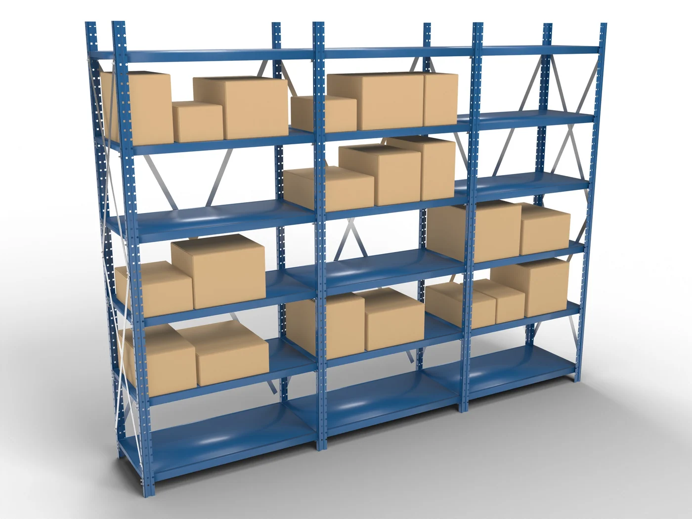 A three-unit open steel shelving run with cartons on the shelves.