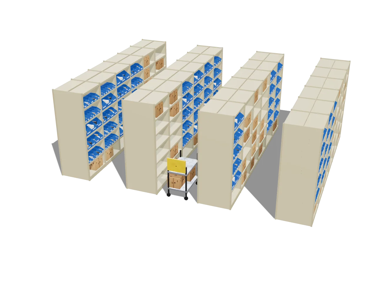 3D model: rows of tall closed-panel steel shelving with a pick cart working an aisle