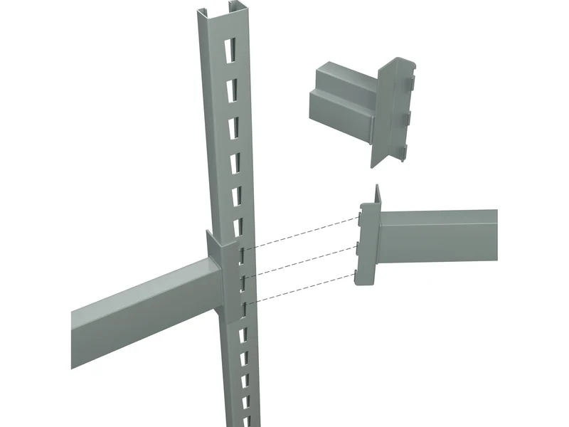 Pallet Rack Connection Types and Brands: Keystone / Republic. One column of trapezoid holes; hook-in beams.