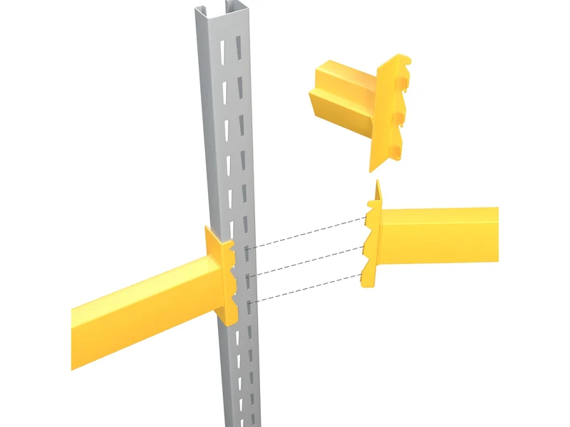 Pallet Rack Connection Types and Brands: Penco. Slanted slots, slanted hooks, a sliding lock in the beam.