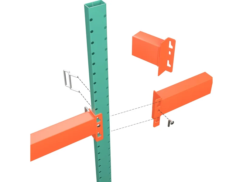 Pallet Rack Connection Types and Brands: Speedrack. Round edge holes; a U-bracket wraps the column.