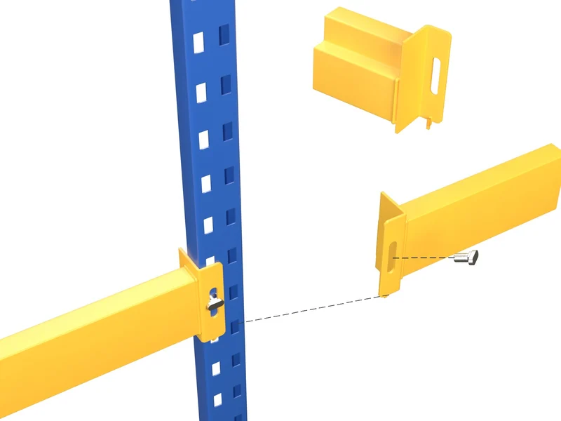 Pallet Rack Connection Types and Brands: T-Bolt (Unarco / USP). One large bolt per beam end, tightened down.