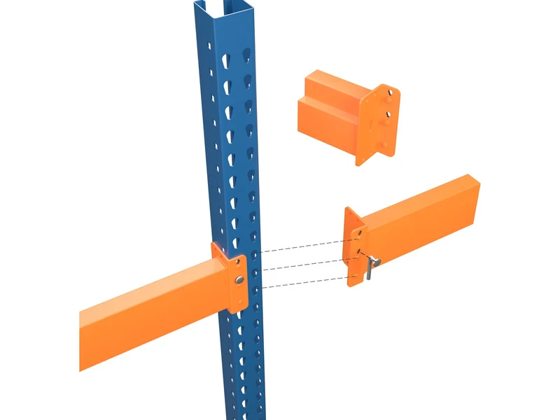 Pallet Rack Connection Types and Brands: Teardrop. Pins drop into teardrop slots.