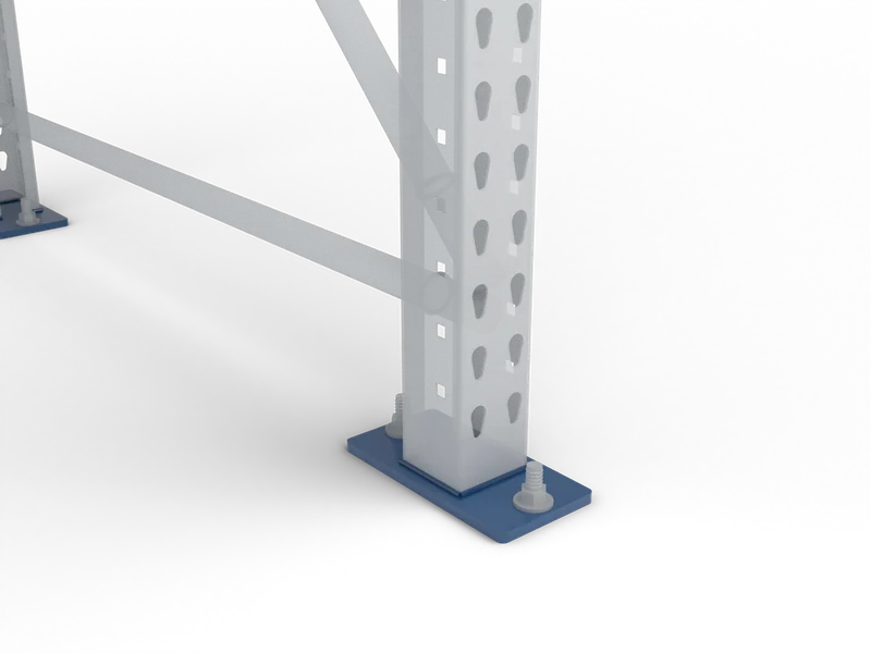 Pallet Rack Uprights: The footplate. Anchored to the slab, shims to level. Anchor size and count come from the maker's spec.
