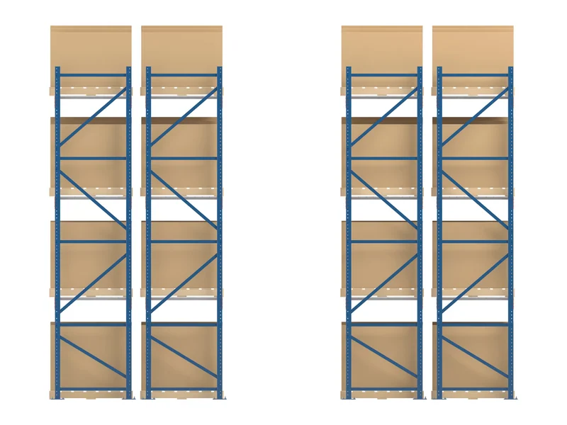 VNA Racking: End view. Tall runs, narrow aisles.
