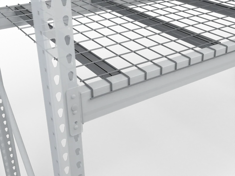 Wire Decking for Pallet Rack: The waterfall. Wires turn down 1 1/2" over the beam face.